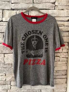 Junk Food Clothing Grey Ringer Tee with Red Trim & Pizza Graphic